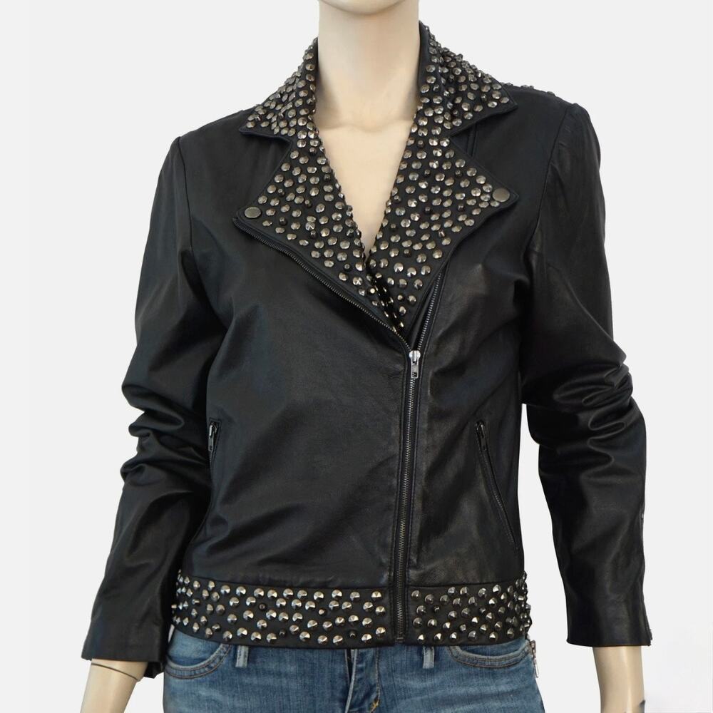 Sheri Bodell Studded Black Leather Biker Jacket - Moto - Size L (Fits like M)